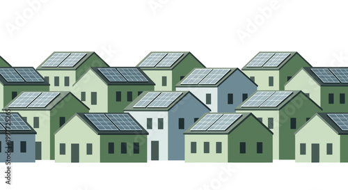 Eco-Friendly Sustainable Neighborhood with Solar Panels on Roofs Vector Illustration