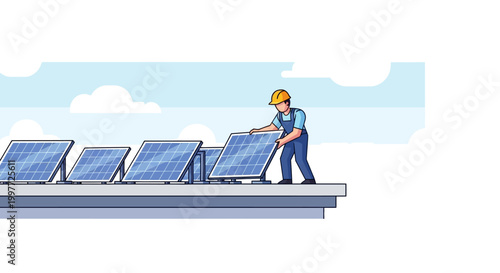 Solar Energy Installation Professional Technician Installing Photovoltaic Panels on Rooftop Renewable Clean Energy Concept Vector Illustration