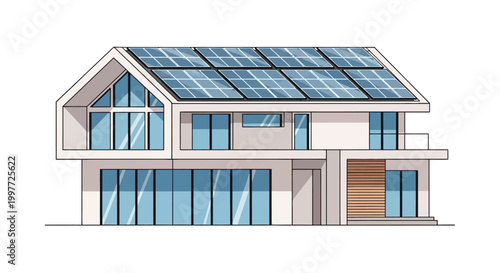 Modern Architectural Illustration of a Sustainable Smart Home with Solar Panels on a White Background