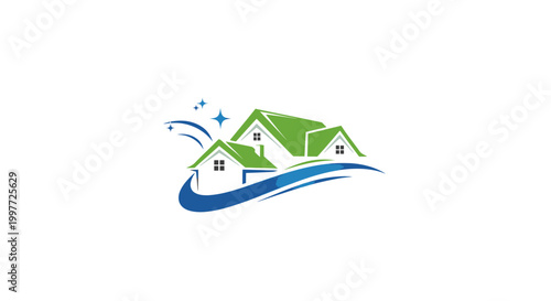 a green and blue house logo with a wave.