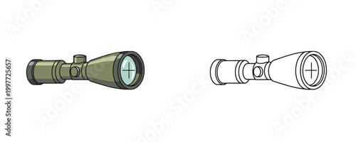 Optical rifle sniper scope in cartoon and line styles green and black colors professional aiming equipment for hunting and shooting isolated on white background
