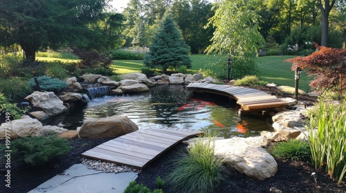 Japanese Koi Pond with Wooden Bridge in Landscaped Garden