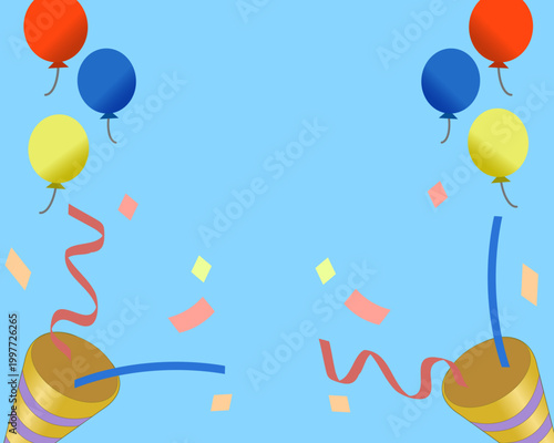 お祝いの背景フレーム。カラフルな風船とクラッカー、紙吹雪。誕生日、パーティー、イベントの華やかな装飾