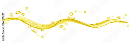 Translucent curved jet or splash of water with drops, in yellow colors, isolated on transparent background. Transparency only in vector file