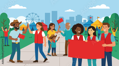 A vibrant flat design illustration capturing the spirit of community and volunteerism at the Calgary Stampede. 