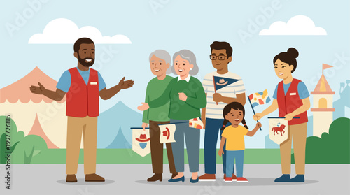 A vibrant flat design illustration capturing the spirit of community and volunteerism at the Calgary Stampede. 