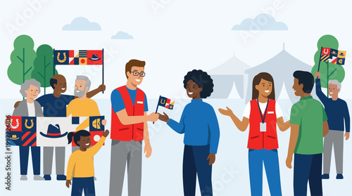 A vibrant flat design illustration capturing the spirit of community and volunteerism at the Calgary Stampede. 