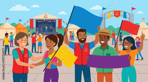 A vibrant flat design illustration capturing the spirit of community and volunteerism at the Calgary Stampede. 
