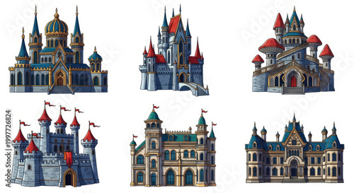 Collection of Fantasy Medieval Castle Illustrations with Towers and Flags.