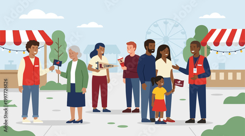 A vibrant flat design illustration capturing the spirit of community and volunteerism at the Calgary Stampede. 