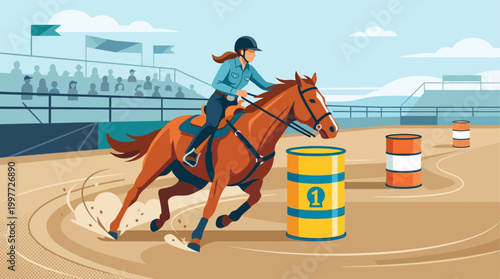 An exciting flat design illustration depicting a cowgirl and horse in swift action during a barrel racing event at the Calgary Stampede.