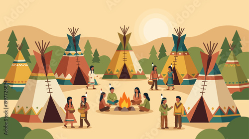 A respectful flat design illustration showcasing the Indigenous Tipi Village, an important cultural component of the Calgary Stampede.