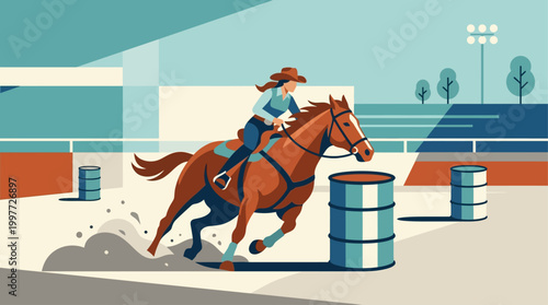 An exciting flat design illustration depicting a cowgirl and horse in swift action during a barrel racing event at the Calgary Stampede.