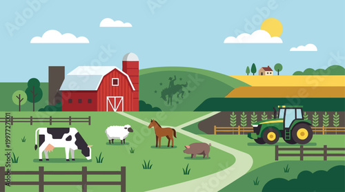 A serene flat design illustration highlighting the agricultural foundations and western heritage of the Calgary Stampede.