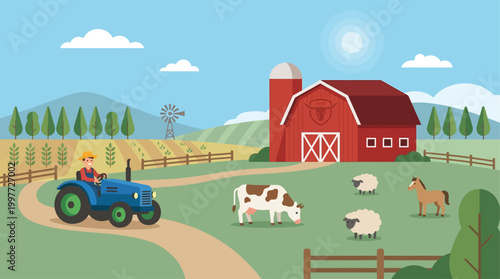 A serene flat design illustration highlighting the agricultural foundations and western heritage of the Calgary Stampede.