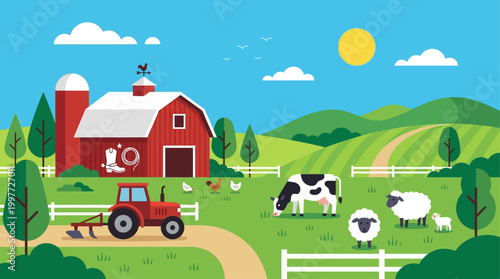 A serene flat design illustration highlighting the agricultural foundations and western heritage of the Calgary Stampede.