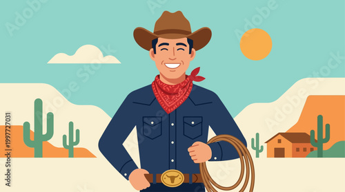 A friendly flat design illustration of a person dressed in classic western attire, embodying the enthusiastic spirit of the Calgary Stampede.