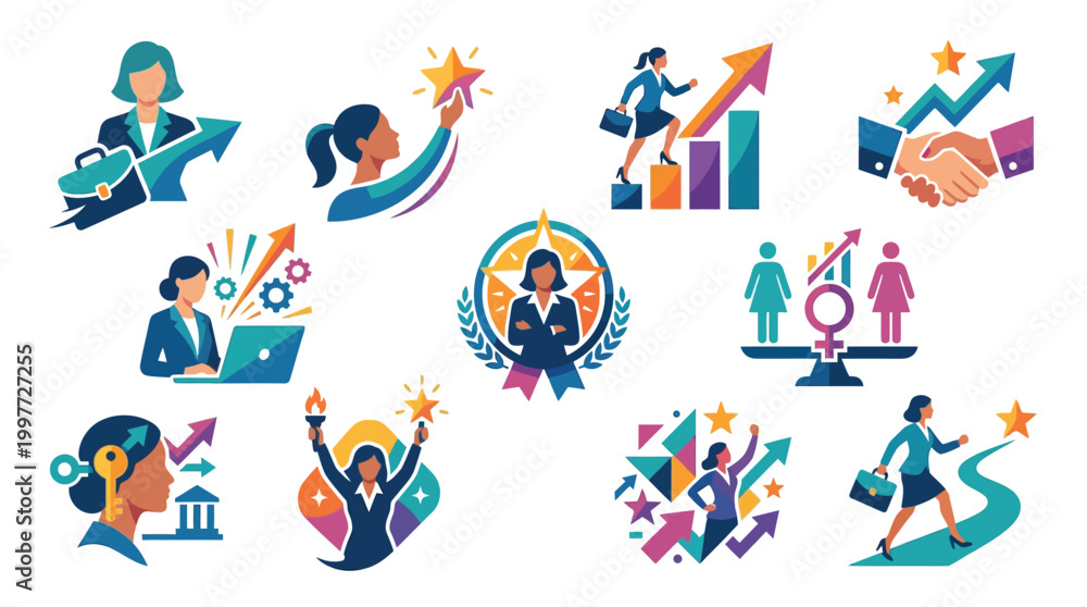 Fototapeta premium Collection of illustrations depicting women in business, career growth, leadership, and success.