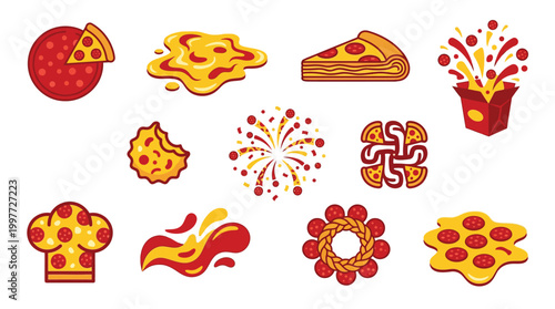 A vibrant collection of stylized pizza icons and graphics, showcasing various pizza slices, melted cheese, and festive pizza-themed designs.