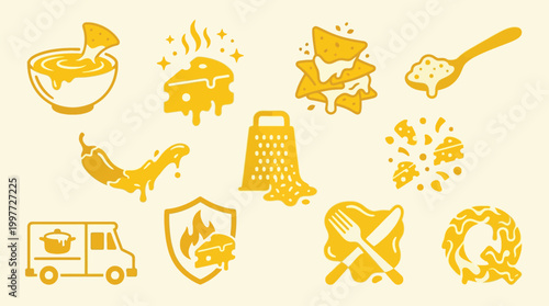 A vibrant collection of yellow icons depicting various cheese-related themes, including nachos, melted cheese, a grater, and a food truck.