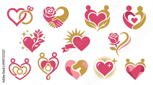 Collection of stylized heart icons representing love, relationships, and romance, with diverse symbolic elements.