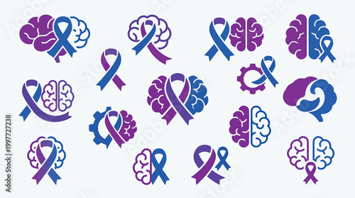 Collection of purple and blue ribbon and brain icons representing awareness for various neurological conditions and diseases.