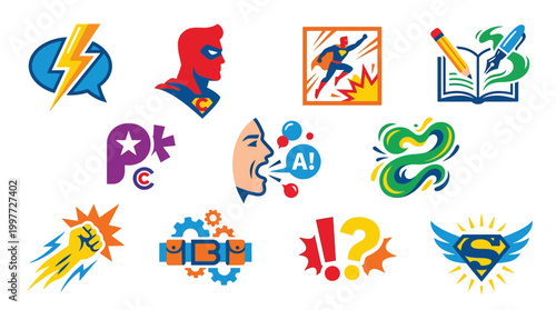 Collection of superhero-themed icons representing communication, creativity, power, and technology.