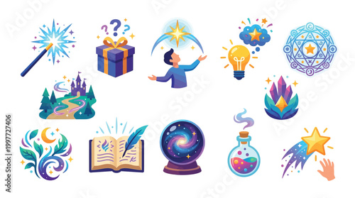 A collection of magical and mystical icons, including a wand, a gift box, a person reaching for a star, a lightbulb, a crystal, a castle, a book, a crystal ball, a potion, and a shooting star.