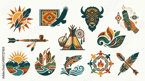 фотографія Collection of Native American-inspired illustrations featuring cultural symbols, animals, and natural elements