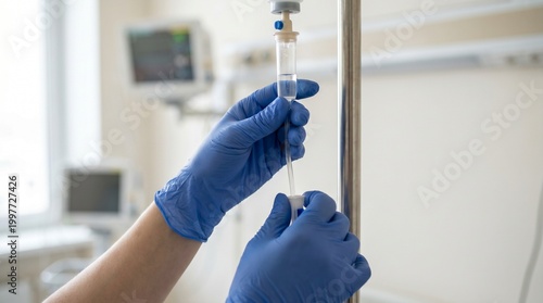 Healthcare professional adjusting IV line, highlighting precision and patient care in a clinical setting. Clean composition with soft light, ideal for hospital, treatment