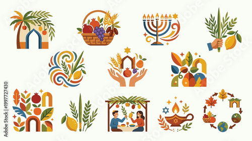 Collection of colorful illustrations depicting Jewish holidays and traditions, including Sukkot, Hanukkah, and Rosh Hashanah symbols.