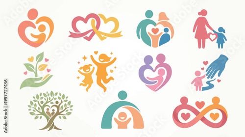 Collection of stylized icons representing family, love, care, and community, featuring abstract human figures, hearts, and natural elements.