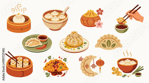 A vibrant collection of delicious Asian dumplings and dim sum dishes, showcasing various steaming baskets, dipping sauces, and garnishes.