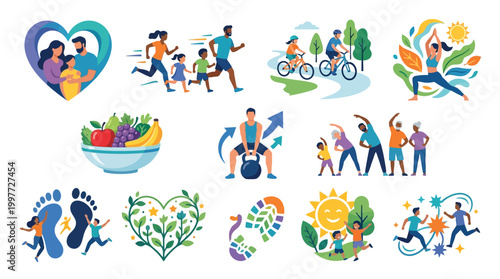 A vibrant collection of illustrations depicting healthy lifestyle choices, family activities, and physical fitness.