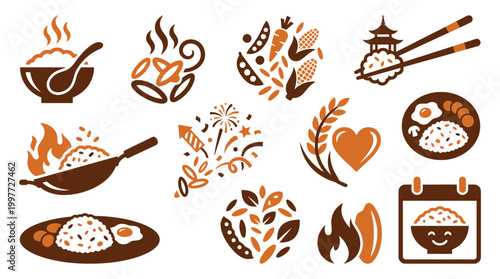 Collection of stylized icons representing rice dishes, ingredients, and culinary themes, featuring bowls, woks, chopsticks, and festive elements.