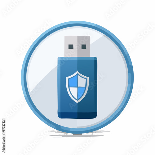 USB flash drive icon with shield in a blue circle, data security concept