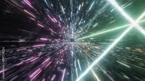Journey Through a Colorful Universe: A dynamic and vibrant depiction of a simulated journey through space, showcasing streaks of light and captivating colors in a vast, seemingly infinite expanse.