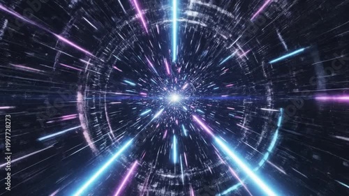 Futuristic Tunnel of Light: An immersive visual journey through a neon-lit tunnel, symbolizing the vastness of the digital universe and technological advancement.