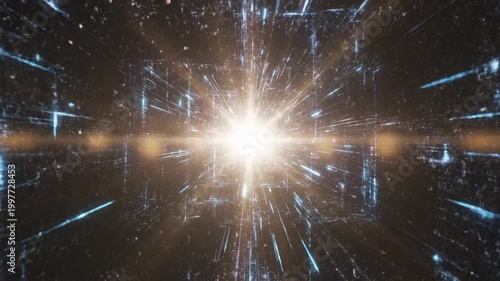 Cosmic Exploration: A radiant burst of light emerges from the core of a dynamic network, symbolizing the vastness of the universe. Explore the depths of space, a journey through time and the cosmos