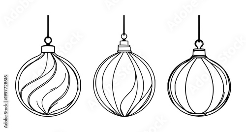 Glass ornament set with black line art on white background featuring hand-blown, decorative, faux mirror finish with symmetry and elegance