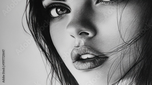Close-up grayscale portrait of a woman, intense gaze, studio setting, artistic expression