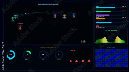 This Realtime Observability Dashboard animates complex global connectivity patterns through shifting neon metrics and holographic telemetry to visualize immense quantities of corporate network traffic