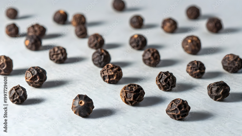 Obraz premium Isolated black peppercorns scattered on a white surface
