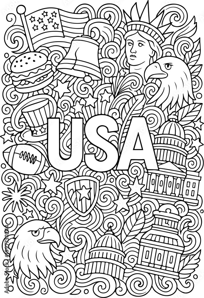 Fototapeta premium United states of america hand drawn vector illustration doodle art line art coloring page for kids