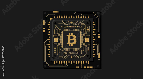 Golden Bitcoin symbol on a circuit board background with technology elements
