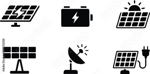 solar pictogram set sun array module cell charger plug electricity