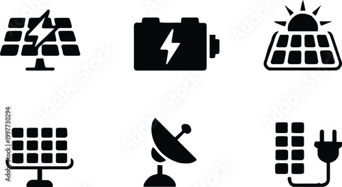 solar line icons renewable energy panel storage inverter grid