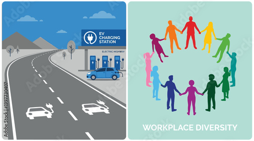 People holding hands on a roadside workplace diversity event near a charging station
