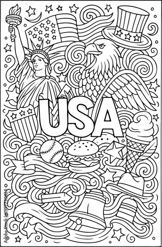 United states of america hand drawn vector illustration doodle art line art coloring page for kids