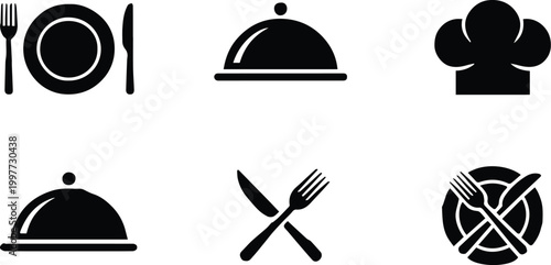 restaurant icon set fork plate knife cloche chef hat cutlery